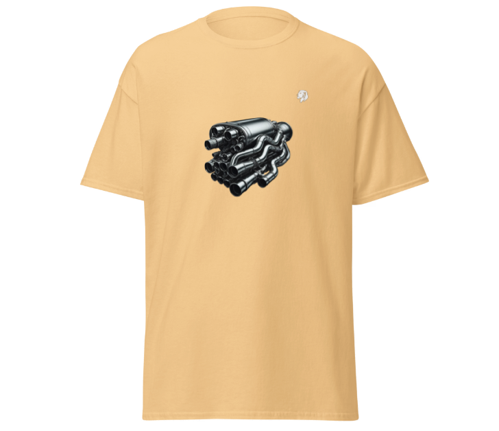 sand coloured t-shirt with exhaust pipes printed on it